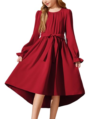 Arshiner Mädchen Kleid Festlich Chiffonkleid Rot Elegant Abendkleid Kinder Weihnachtskleid Partykleid Laternenärmeln Herbstkleid Kinderkleidung mit Tasche 5-6 Jahre von Arshiner