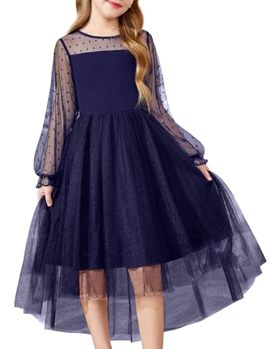 Arshiner Mädchen Kleid Festliches Langarmkleid Dunkelblau Mesh Rundhals Tüllkleid Kinder Halloween Partykleid Winter Ballkleid 15-16 Jahre von Arshiner