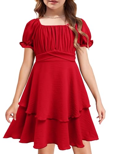 Arshiner Mädchen Kleid Festliches Rüschenärmel Sommerkleid Rote Chiffonkleid Quadratischer Kragen Stufenkleider Kinder Festtagskleid 10-11 Jahre von Arshiner
