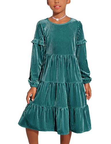 Arshiner Mädchen Kleid Kinder Kleid Samt Türkis Weihnachtskleid für Kinder Langarm Festliches Herbstkleid Winterkleid Prinzessin Kleider Partykleid mit Tasche,Gr 11-12Jahre von Arshiner