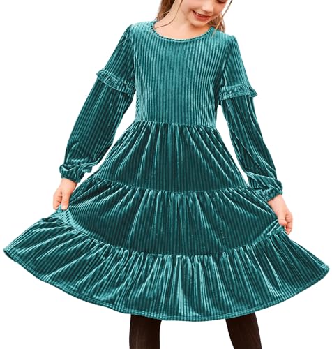 Arshiner Mädchen Kleid Kinder Kleid Samt Türkis Weihnachtskleid für Kinder Langarm Festliches Herbstkleid Winterkleid Prinzessin Kleider Partykleid mit Tasche,Gr 11-12Jahre von Arshiner