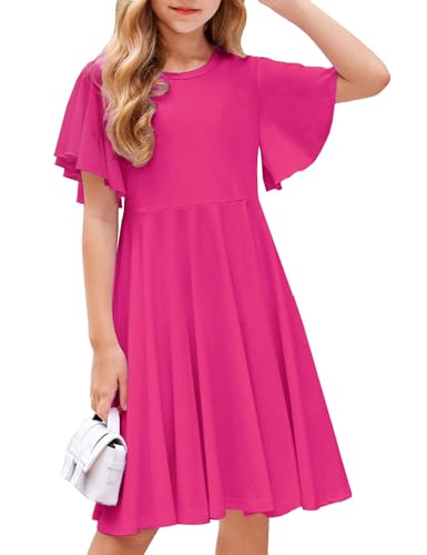Arshiner Mädchen Kleid Kinder Sommer Kurzarmkleid Baumwolle Rosarot Partykleid Festlicheskleid Ballkleid Schulanfang Kleid Swing Kinderkleid Mit Tasche 140/9-10 Jahre von Arshiner