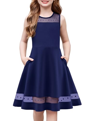 Arshiner Mädchen Kleid Kinder Sommerkleid Ärmelloses Festlicheskleid Mesh A-Linie Partykleid Dunkelblau Rundhals Kinderkleider mit Taschen 11-12 Jahre von Arshiner