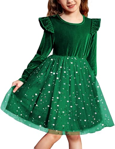 Arshiner Mädchen Kleid Kleinkind Festliches Samtkleid Rundhals Tüllkleid Kinder Rüschen Langarmkleid Grünes Weihnachtskleid Prinzessin Partykleid Abendkleid mit Pailletten 3-4 Jahre von Arshiner