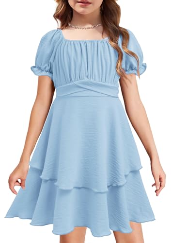 Arshiner Mädchen Kleid Kurzarm Sommerkleider Blau Chiffonkleid Quadratischer Kragen Festkleider Rüschen Kinderkleider mit Gürtel 5-6 Jahre von Arshiner