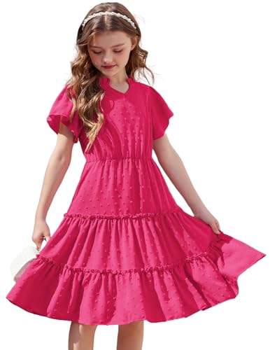 Arshiner Mädchen Kleid Kurzarm Swiss Dot Kleider Festlich Chiffonkleid A-Linie Sommerkleid Kinder Partykleid Prinzessinenkleid Rose Rot 10-11 Jahre von Arshiner