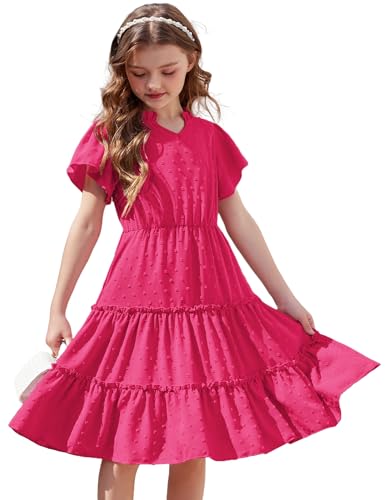 Arshiner Mädchen Kleid Kurzarm Swiss Dot Kleider Festlich Chiffonkleid A-Linie Sommerkleid Kinder Partykleid Prinzessinenkleid Rose Rot 3-4 Jahre von Arshiner