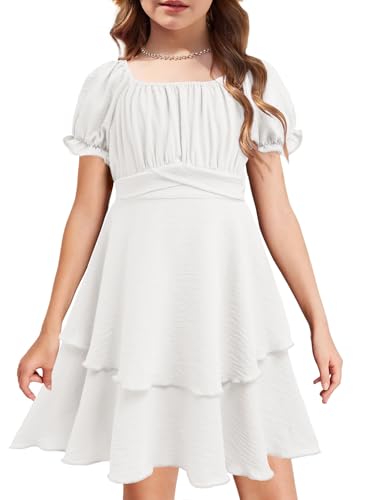 Arshiner Mädchen Kleid Kurze Ärmel Stufenkleid A-Linie Chiffonkleid Kinder Hochzeit Partykleider Festliches Kleid Strandkleid mit Gürtel Weiß 11-12 Jahre von Arshiner