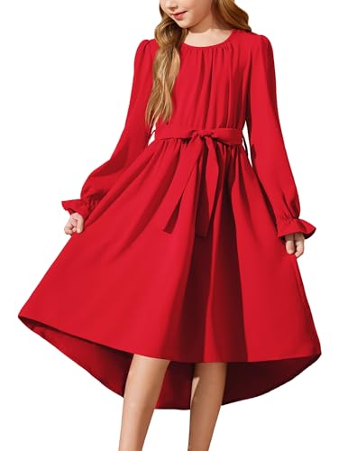 Arshiner Mädchen Kleid Langarm A-Linie Chiffonkleid Festlich Rot Weihnachtskleid Kinder Partykleid Herbstkleid Swing Abendkleid mit Gürtel 7-8 Jahre von Arshiner