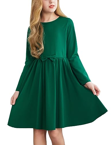 Arshiner Mädchen Kleid Langarm Dunkelgrün Kinderkleider Winterkleider Herbstkleid A-Linie Baumwolle Festliches Kleider mit Fliege Basic Rundhals Freizeitkleid für Mädchen 8-9 Jahre von Arshiner