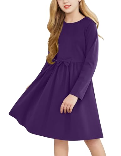 Arshiner Mädchen Kleid Langarm Dunkelviolett Kinderkleider Winterkleider Herbstkleid A-Linie Baumwolle Festliches Kleider mit Fliege Basic Rundhals Freizeitkleid für Mädchen 6-7 Jahre von Arshiner