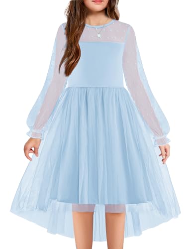 Arshiner Mädchen Kleid Langarm Festlicheskleid Blau Kinder Mesh Partykleid High-Low Tüllkleid Hochzeit Blumenmädchenkleider Ballkleid 6-7 Jahre von Arshiner