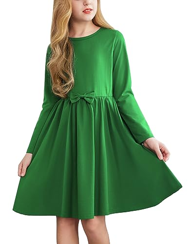 Arshiner Mädchen Kleid Langarm Grün Kinderkleider Winterkleider Herbstkleid A-Linie Baumwolle Festliches Kleider mit Fliege Basic Rundhals Freizeitkleid für Mädchen 4-5 Jahre von Arshiner