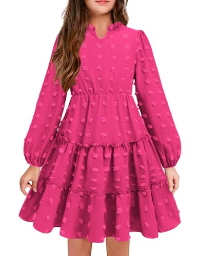 Arshiner Mädchen Kleid Langarm Herbst Chiffonkleid Kinder Schicke Partykleid V-Ausschnitt Kinderkleider Rüschen Freizeitkleid Einschulungskleid Rosa Rot 140/10-11 Jahre von Arshiner