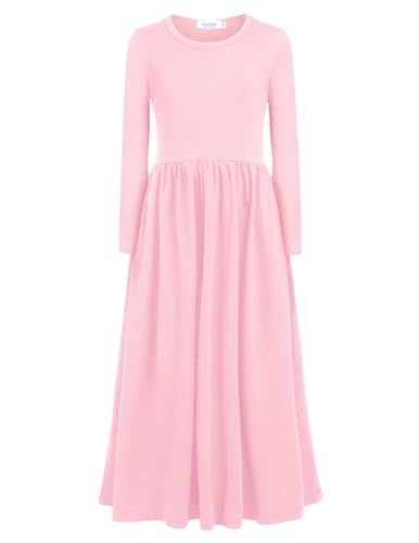 Arshiner Mädchen Kleid Langarm Maxikleid Herbst A-Linie Freizeitkleid Einfarbig Partykleid Mittelalter Kinderkleid Muslimische Kleid Rosa Gebetskleid 120/6-7 Jahre von Arshiner