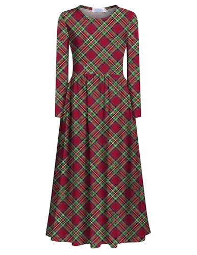 Arshiner Mädchen Kleid Langarm Maxikleid Kariertes Kleider A-Linie Freizeitkleid Kinder Weihnachtskleid Schuleinführungskleid Rot Baumwollkleid mit Taschen 120/6-7 Jahre von Arshiner