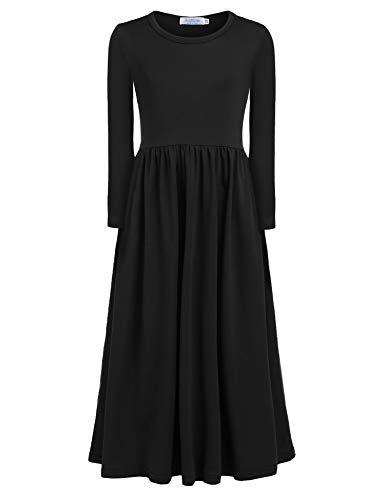Arshiner Mädchen Kleid Langarm Maxikleid Kinder Einfarbig Maxilangkleid Herbst Winter Swing Skaterkleid Basic Freizeitkleid mit Taschen Partykleid Gr. 98-152 von Arshiner