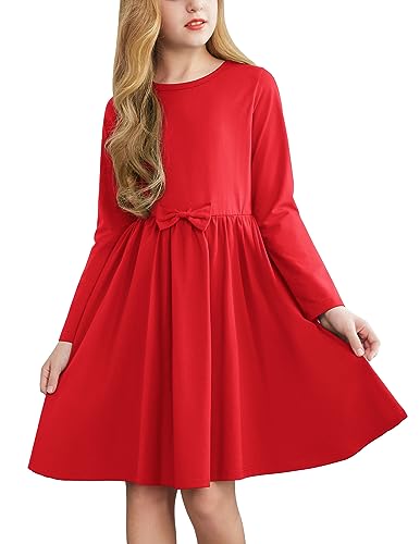 Arshiner Mädchen Kleid Langarm Rot Kinderkleider Winterkleider Herbstkleid A-Linie Baumwolle Festliches Kleider mit Fliege Basic Rundhals Freizeitkleid für Mädchen 8-9 Jahre von Arshiner