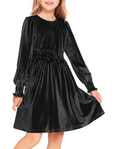 Arshiner Mädchen Kleid Langarm Samt Kleid Festlich Kinder Vintage Herbstkleid Schwarz Partykleid Einfarbig Winterkleid 12-13 Jahre von Arshiner