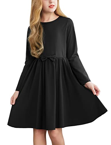 Arshiner Mädchen Kleid Langarm Schwarz Kinderkleider Winterkleider Herbstkleid A-Linie Baumwolle Festliches Kleider mit Fliege Basic Rundhals Freizeitkleid für Mädchen 9-10 Jahre von Arshiner