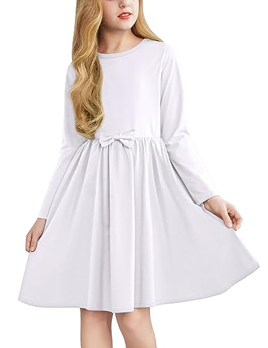 Arshiner Mädchen Kleid Langarm Weiß Kinderkleider Winterkleider Herbstkleid A-Linie Baumwolle Festliches Kleider mit Fliege Basic Rundhals Freizeitkleid für Mädchen 6-7 Jahre von Arshiner