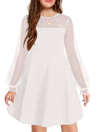 Arshiner Mädchen Kleid Langarmkleid Meshkleid A Line Casual Kinder Kleider Partykleider mit Taschen Weiß 150 11-12 Jahre von Arshiner