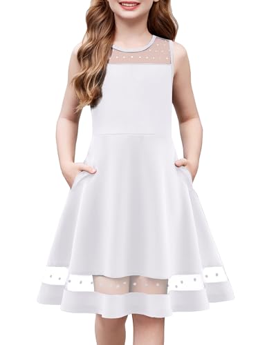 Arshiner Mädchen Kleid Mesh Sommerkleid Ärmelloses Weiß Festlicheskleid Kommunionkleid Osterkleid Kinder Hochzeitskleid mit Taschen 7-8 Jahre von Arshiner