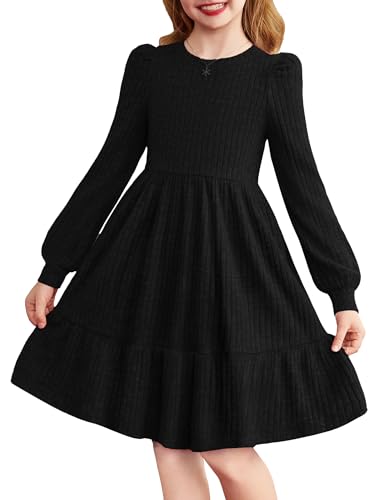 Arshiner Mädchen Kleid Puffärmel Langarmkleid Kinderkleid Elegante Festliches Strick Kleid Rundhals Freizeitkleid A-Linien Partykleider Einfarbiges Rippenstrick Winterkleid Alltag für 13-14 Jahre von Arshiner