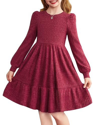 Arshiner Mädchen Kleid Puffärmel Langarmkleid Kinderkleid Elegante Festliches Strick Kleid Rundhals Freizeitkleid A-Linien Partykleider Einfarbiges Rippenstrick Winterkleid Alltag für 9-10 Jahre von Arshiner