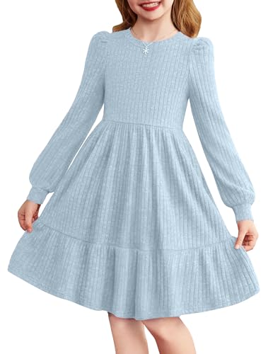 Arshiner Mädchen Kleid Puffärmel Langarmkleid Kinderkleid Elegante Festliches Strick Kleid Rundhals Freizeitkleid A-Linien Partykleider Einfarbiges Rippenstrick Winterkleid Alltag für 9-10 Jahre von Arshiner