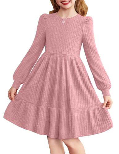 Arshiner Mädchen Kleid Puffärmel Langarmkleid Kinderkleid Elegante Festliches Strick Kleid Rundhals Freizeitkleid A-Linien Partykleider Einfarbiges Rippenstrick Winterkleid Alltag für 9-10 Jahre von Arshiner