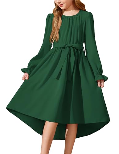 Arshiner Mädchen Kleid Rundhals Herbstkleid Einfarbig Chiffonkleid Taille-Hohes Kleid Kinder Weihnachtskleid Grün Partykleid Langarmkleid mit Gürtel 11-12 Jahre von Arshiner