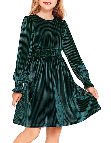 Arshiner Mädchen Kleid Samt Langarmkleid Herbst Winter Freizeitkleid Einfarbig Rundhals Weihnachtskleid Grün Osterferien Midikleider 6-7 Jahre von Arshiner