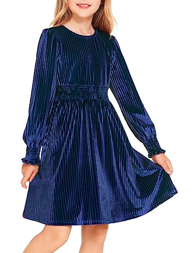 Arshiner Mädchen Kleid Samt Langarmkleid Rundhals Freizeitkleid Einfarbig Samtkleid Herbst Winter Weihnachtskleid Midikleider Blau 6-7 Jahre von Arshiner