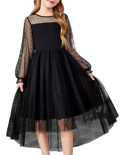Arshiner Mädchen Kleid Schwarz Halloween Partykleid Winter Langarmkleid High-Low Tüllkleid Beerdigung Kinderkleid 8-9 Jahre von Arshiner