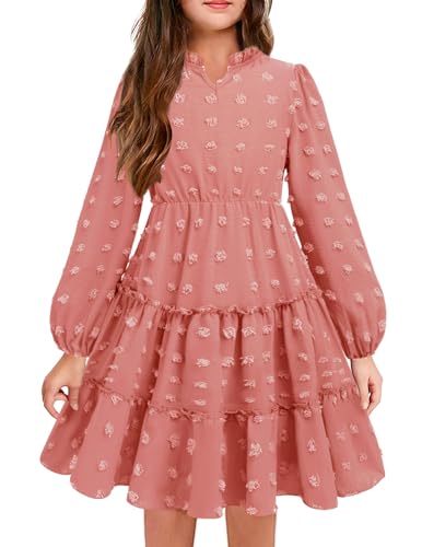 Arshiner Mädchen Kleid V-Ausschnitt Langarmkleid Swiss Dot Chiffonkleid Kinder Prinzessin Stufenkleid Schöne Geburtstagskleid Puffärmel Einschulungskleid Rosa 110/5-6 Jahre von Arshiner