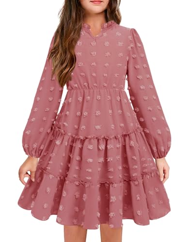 Arshiner Mädchen Kleid V-Ausschnitt Langarmkleid Swiss Dot Chiffonkleid Kinder Prinzessin Stufenkleid Schöne Geburtstagskleid Puffärmel Einschulungskleid Rosa 130/9-10 Jahre von Arshiner