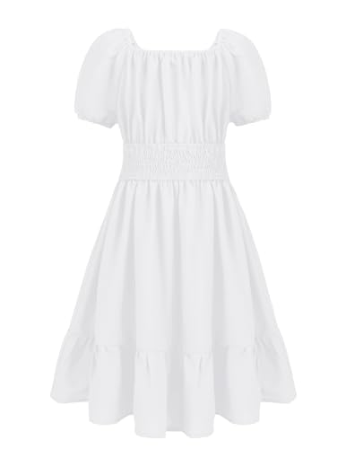 Arshiner Mädchen Kleid Weiß Kurzarm Partykleider Sommer A-Linie Kleid Elegant Midikleid Freizeit Kleid 152 von Arshiner