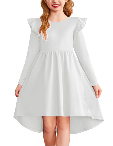 Arshiner Mädchen Kleid Weiß Langarm Herbstkleid Kinder Rundhals Winterkleid A-Linie Partykleid Hochzeit Blumenmädchenkleid Kommunionkleid 120/5-6 Jahre von Arshiner