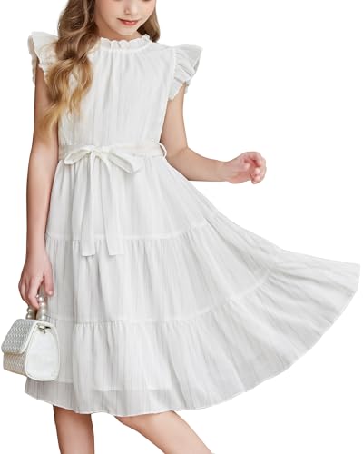 Arshiner Mädchen Kleid Weiß Sommerkleid Festlicheskleid Hochzeit Kleider Formelle Kinderkleid Einschulungskleid Abendkleid Kinder Freizeitkleid Blumenmädchenkleider mit Gürtel 7-8 Jahre von Arshiner