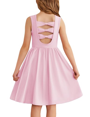 Arshiner Mädchen Kleider Ärmelloses Kinder Zurück Fliege Sommerkleid Baumwolle Elegante Freizeitkleid Festliches Rundhals Swingkleid für Mädchen 13-14 Jahre Rosa von Arshiner