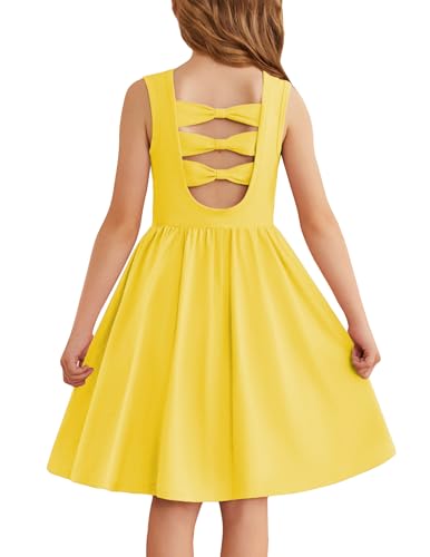 Arshiner Mädchen Kleider Ärmelloses Kinder Zurück Fliege Sommerkleid Baumwolle Elegante Freizeitkleid Festliches Rundhals Swingkleid für Mädchen 3-4 Jahre Gelb von Arshiner