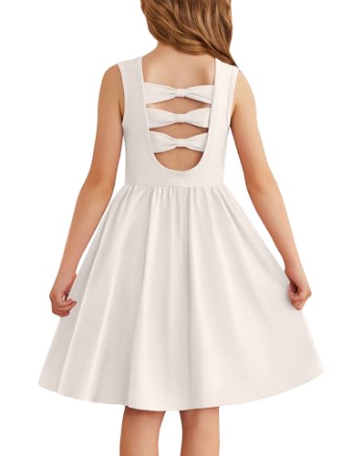 Arshiner Mädchen Kleider Ärmelloses Kinder Zurück Fliege Sommerkleid Baumwolle Elegante Freizeitkleid Festliches Rundhals Swingkleid für Mädchen 3-4 Jahre Weiß von Arshiner