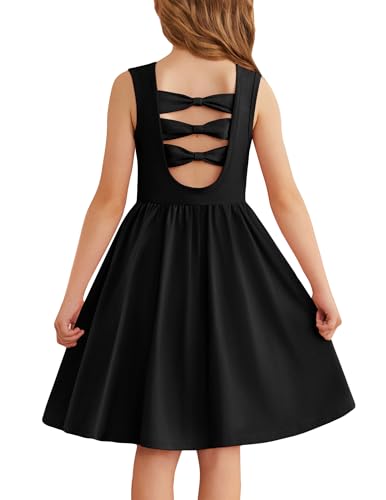 Arshiner Mädchen Kleider Ärmelloses Kinder Zurück Fliege Sommerkleid Baumwolle Elegante Freizeitkleid Festliches Rundhals Swingkleid für Mädchen 5-6 Jahre Schwarz von Arshiner
