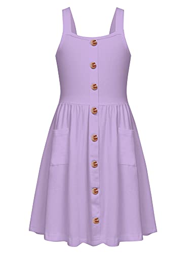 Arshiner Mädchen Kleider Ärmelloses Kinderkleid Knopfleiste Trägerkleid Sommer Baumwolle Swingkleid Festliches A-Linie Freizeitkleid Elegant Kleid für Mädchen 9-10 Jahre Lila von Arshiner