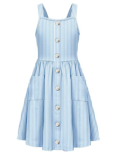 Arshiner Mädchen Kleider Ärmelloses Kinderkleid Knopfleiste Trägerkleid Sommer Mode Swingkleid Festliches A-Linie Freizeitkleid Elegant Kleid für Mädchen 13-14 Jahre Streifen von Arshiner