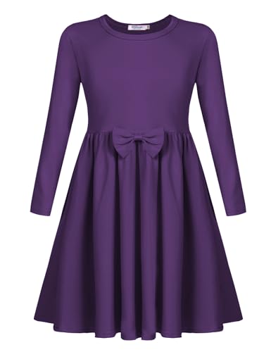 Arshiner Mädchen Kleider Baumwolle Kinder Langarm Kleid mit Fliege Winterkleider Herbstkleid A-Linie Festliches Rundhals Basic Freizeit Kleider für Mädchen 11-12 Jahre 150 Dunkelviolett von Arshiner
