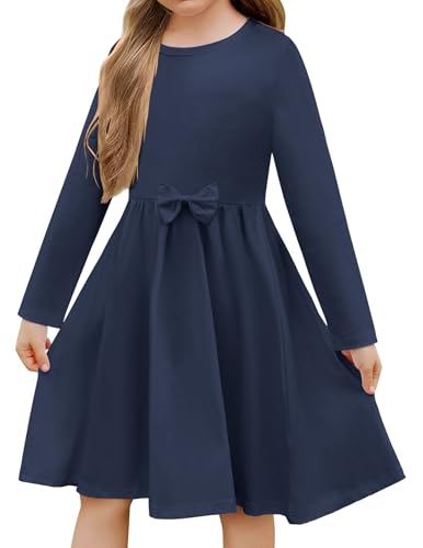 Arshiner Mädchen Kleider Baumwolle Kinder Langarm Kleid mit Fliege Winterkleider Herbstkleid A-Linie Festliches Rundhals Basic Freizeit Kleider für Mädchen 11-12 Jahre 150 Marineblau von Arshiner