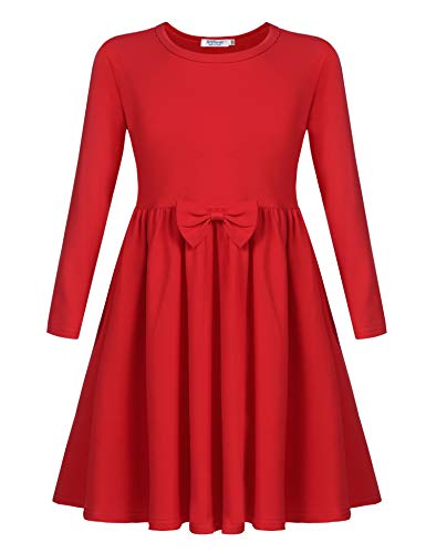 Arshiner Mädchen Kleider Baumwolle Kinder Langarm Kleid mit Fliege Winterkleider Herbstkleid A-Linie Festliches Rundhals Basic Freizeit Kleider für Mädchen 11-12 Jahre 150 Rot von Arshiner