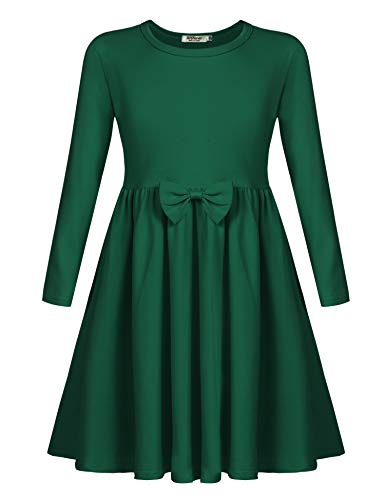 Arshiner Mädchen Kleider Baumwolle Kinder Langarm Kleid mit Fliege Winterkleider Herbstkleid A-Linie Festliches Rundhals Basic Freizeit Kleider für Mädchen 12-13 Jahre 160 Dunkelgrün von Arshiner